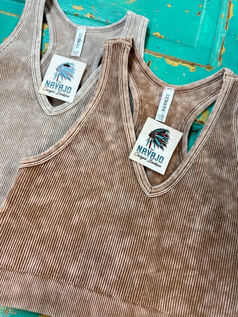 ZENANA Set/2 Ribbed V-Neck Crop Racerback Tank Top - Camel / Ash Mocha - Picture 2 of 2
